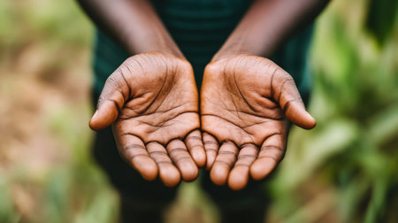 Close-up of hands offering support, symbolizing altruism and acts of generosity to others in need, fostering community spiritの素材