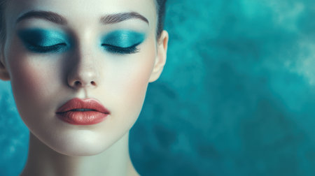 Close-up portrait of a young woman showcasing elegant aqua eye makeup and soft lip color, embodying beauty and serenity against a textured background.の素材