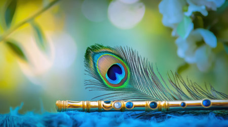 Peacock feather and flute set against a serene background, representing spiritual harmony and Krishna divine symbolismの素材