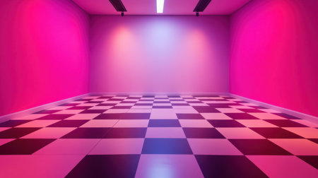 This image features an abstract indoor space with vibrant pink lighting and a striking checkered floor, creating a lively and modern atmosphere.の素材
