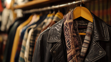 Close-up of a vintage leather jacket paired with a patterned scarf on a wooden hanger, with a nostalgic retro store interior.の素材