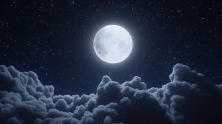 A stunning view of a full moon illuminating the dark sky, surrounded by fluffy clouds and countless stars. This serene night scene captures the beauty of nature.の素材