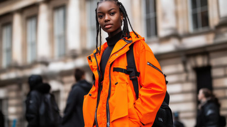 A model in eye-catching streetwear, surrounded by the hustle and bustle of city life, capturing the essence of urban fashion and youthful energyの素材