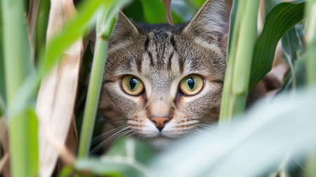A striking close-up image of a cat partially hidden in vibrant green foliage, showcasing its intense eyes and curious expression while observing its surroundings.の素材