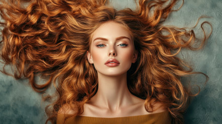 A close-up portrait of a stunning woman with flowing ginger curly hair, showcasing natural beauty and elegance against a soft, textured backdrop.の素材