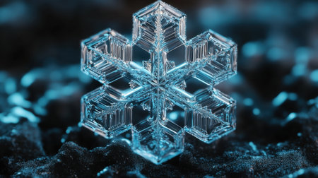 A stunning close-up of an ice crystal snowflake showcasing intricate details and reflections against a dark background, capturing the beauty of winter.の素材