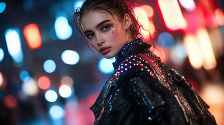 A model in a cyberpunk-inspired look, with LED elements integrated into the clothing, posing in a neon-lit street.の素材