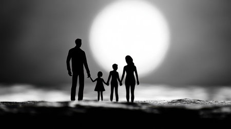 A striking silhouette of a family holding hands against a radiant sunlit backdrop, embodying love, togetherness, and cherished moments near the ocean.の素材