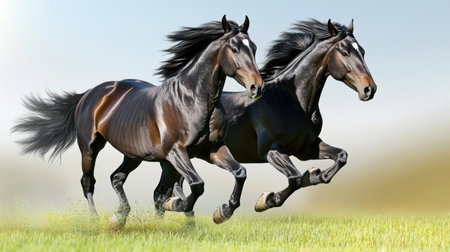 Wild horses running in a wide, open field, captured in motion as they race with the wind, epitomizing freedom and the untamed beauty of the natural worldの素材