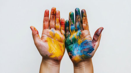 Brightly painted hands showcase creativity and expression in a playful display. The vibrant colors on a simple background symbolize joy and imagination.の素材