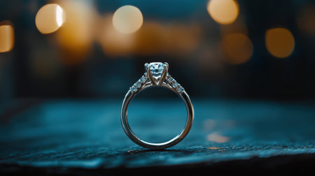 This exquisite engagement ring features a brilliant diamond set against a blurred background, capturing the essence of love and elegance in a beautiful way.の素材