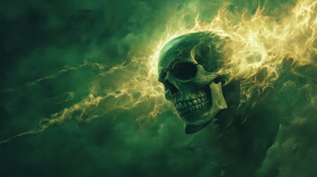 This captivating artwork features a skull enveloped in mystical green flames and fog, creating a haunting atmosphere filled with supernatural energy.の素材