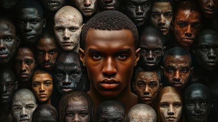 This captivating image showcases diverse human faces, emphasizing individuality and unity. The intricate expressions convey a range of emotions, celebrating resilience and community.の素材