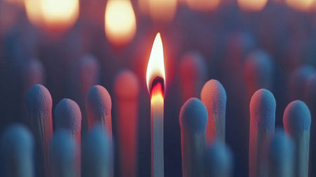 Isolated burning match among unlit ones, symbolizing the spark of leadership and the power of individuality in a bold visualの素材