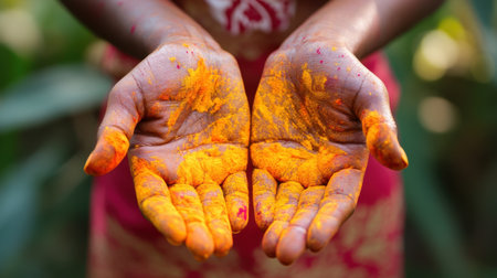 Close-up of hands covered in vibrant yellow powder, celebrating the joyous festival of Holi. The colorful mess symbolizes happiness and community spirit.の素材