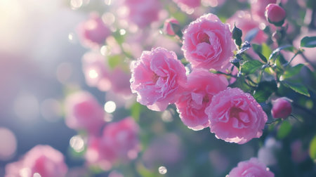 A stunning close-up of dewy pink roses captured in soft focus. The gentle light and bokeh create a dreamy atmosphere, perfect for spring themes.の素材