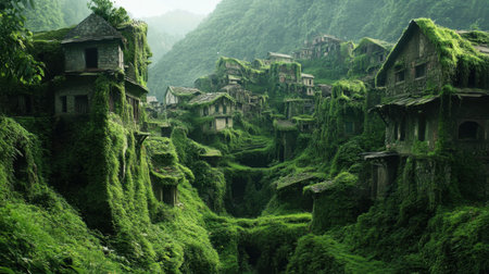This captivating image showcases an abandoned village enveloped by lush greenery, revealing nature's power over forgotten architecture in a serene valley.の素材