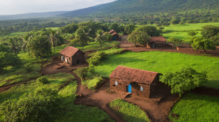 A stunning aerial view showcases rustic houses surrounded by vibrant green fields and lush trees, highlighting a serene rural landscape in harmony with nature.の素材