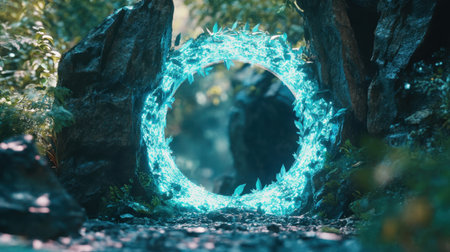 A mesmerizing mystical portal framed by lush greenery and vibrant light. This enchanting image captures a serene forest pathway, inviting exploration.の素材