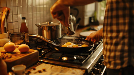 A man frying eggs in a pan on the stove, with a breakfast spread on the counter.の素材