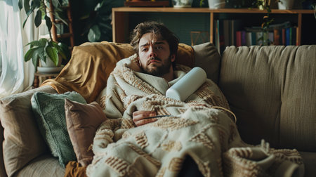 A man wrapped in a blanket on the couch, holding a hot water bottle and looking fatigued.の素材