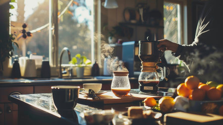 A person brewing a fresh pot of coffee in a stylish kitchen with natural light.の素材