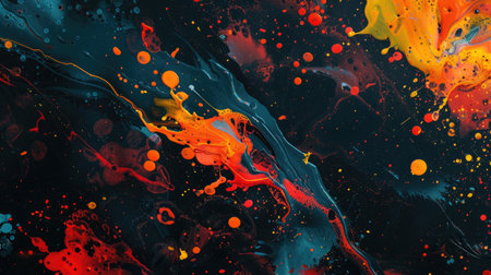 An abstract background with bold, bright splashes of paint on a dark canvas.の素材