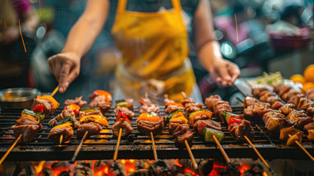 A woman grilling skewers of meat and vegetables at a street food market.の素材