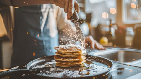 A person flipping pancakes on a griddle in a cozy home kitchen.の素材