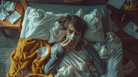 A person lying in bed with a thermometer in their mouth and tissues scattered around, looking miserable and unwell.の素材