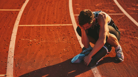 Athlete on the track, injured and alone with no medical supportの素材