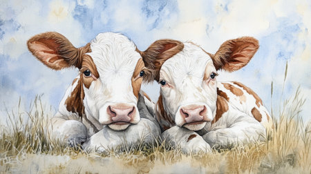Two adorable calves resting peacefully in a serene pastoral landscape. Their soft features and serene expression capture the essence of farm life and innocence.の素材