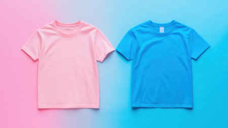 Two vibrant t-shirts in pink and blue placed on a colorful pastel background, ideal for fashion promotions, apparel mockups, or retail displays.の素材