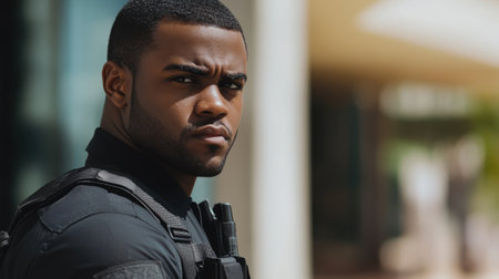 A focused male security officer stands outdoors with a serious expression, showcasing professionalism and vigilance in his role to ensure safety and security.の素材
