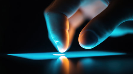 A close-up shot of a hand touching a futuristic glowing screen, showcasing vibrant colors and dynamic light effects in a modern digital design.の素材
