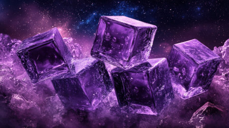 This captivating image showcases vibrant purple ice cubes floating in a cosmic space background, combining textures and colors to convey a sense of chill and excitement.の素材