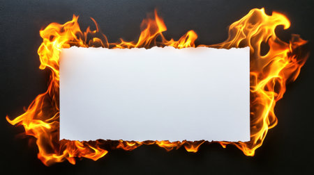 A striking image of a blank piece of paper surrounded by vibrant flames. The contrasting dark background enhances the visual impact, perfect for creative projects.の素材