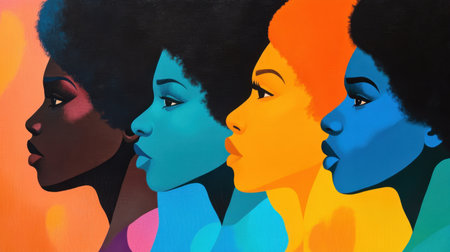 A vibrant illustration featuring multiple profile portraits of women, celebrating diversity and beauty through bold colors and modern artistic expression.の素材