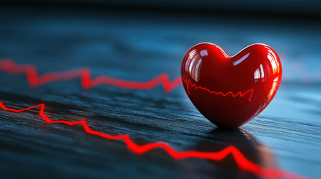A vibrant red heart symbol rests on a dark wooden surface, accompanied by a heartbeat line. This image represents love, health, and emotional connection, evoking feelings of warmth and affection.の素材