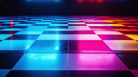 A vibrant neon checkerboard floor showcasing colorful reflections and lights. Perfect for dance party themes, nightlife events, or creative designs.の素材