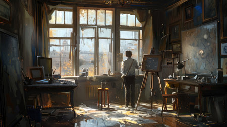 Artist in a studio, struggling with a project, no mentor to assistの素材