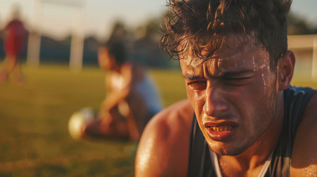 Athlete on a sports field, crying after losing a game, teammates in the backgroundの素材