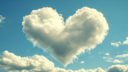 A whimsical heart-shaped cloud floats gracefully in a bright blue sky, surrounded by fluffy white clouds. This serene scene evokes feelings of love and tranquility.の素材
