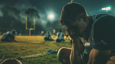 Athlete on a sports field, crying after losing a game, teammates in the backgroundの素材