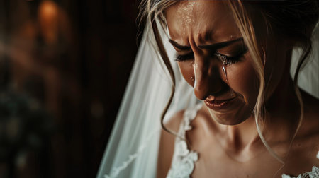 Bride crying on her wedding day, makeup running down her faceの素材