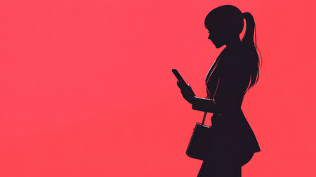 A striking silhouette of a woman engrossed in her smartphone against a bold red background. This image captures modern communication and technology themes.の素材