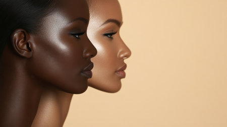 Two beautiful female models showcase diverse skin tones in a striking profile view, celebrating beauty, harmony, and individuality against a warm background.の素材