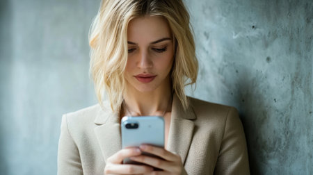A young woman dressed in a stylish suit focuses intently on her smartphone in a minimalist setting, reflecting modern lifestyle and professional elegance.の素材
