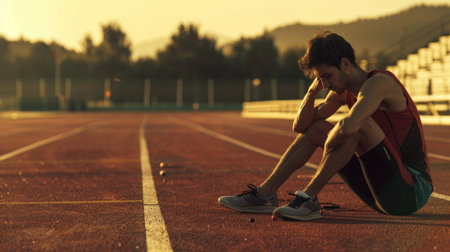 Athlete on the track, injured and alone with no medical supportの素材