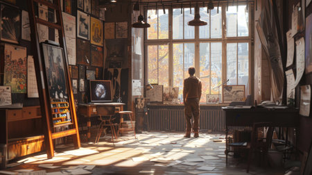 Artist in a studio, struggling with a project, no mentor to assistの素材